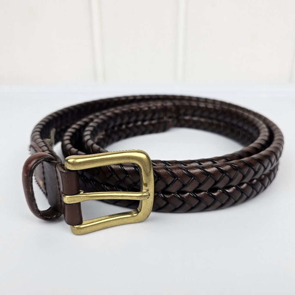 Vintage Mens Fossil Brown Braided Leather Belt Gold Tone Buckle sz 42